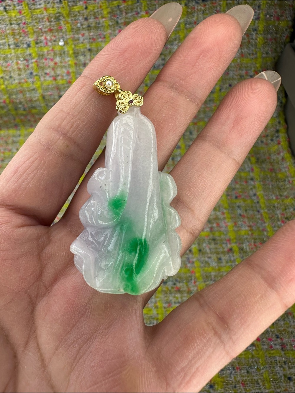 Green, purple and White Jade 2 sides Carved cabbage Pendan